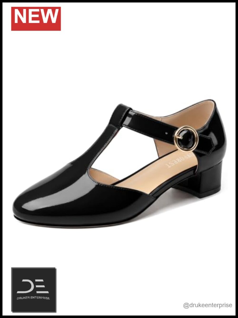 Vintage T-Strap Mary Jane Pumps with Low Chunky Heel Patent Leather Dress Shoes
